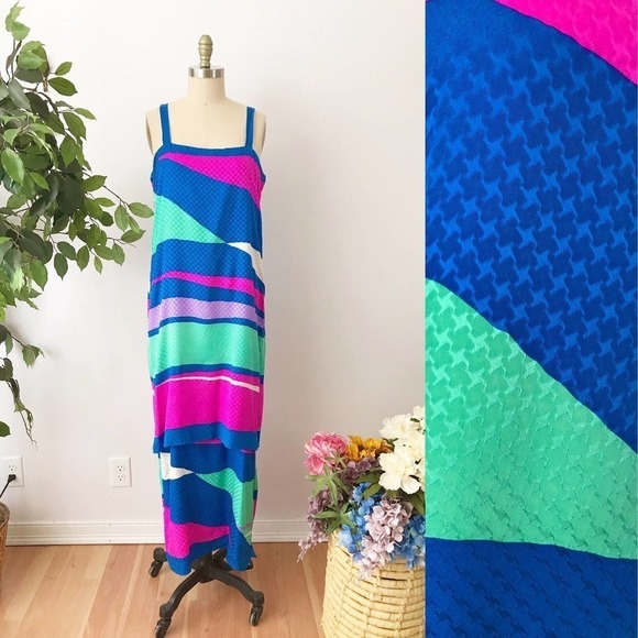 70s Brijo Silk Maxi Dress Column Blue Pink Teal Vintage Designer